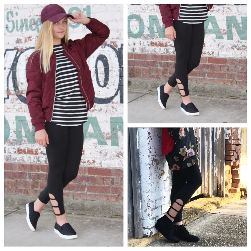 Girls black leggings with detail bottom